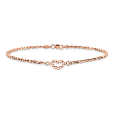 14K Rose Gold 2mm Hollow Diamond-Cut Open Heart Rope Chain Anklet – view 3