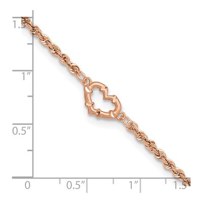 14K Rose Gold 2mm Hollow Diamond-Cut Open Heart Rope Chain Anklet – view 4
