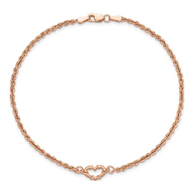 14K Rose Gold 2mm Hollow Diamond-Cut Open Heart Rope Chain Anklet – view 5