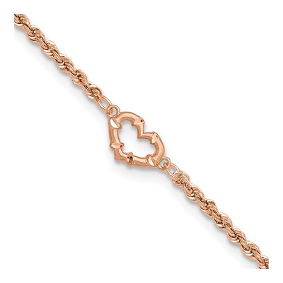 14K Rose Gold 2mm Hollow Diamond-Cut Open Heart Rope Chain Anklet