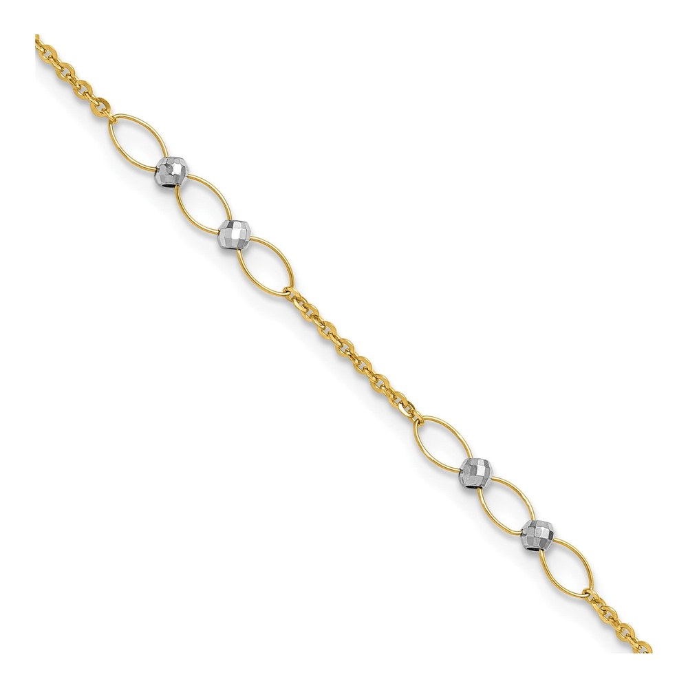 14K Two-Tone Oval Links And Mirror Beads 9 Inch Plus 1 Inch Extender - Total 10 Inch Anklet with Lobster Clasp