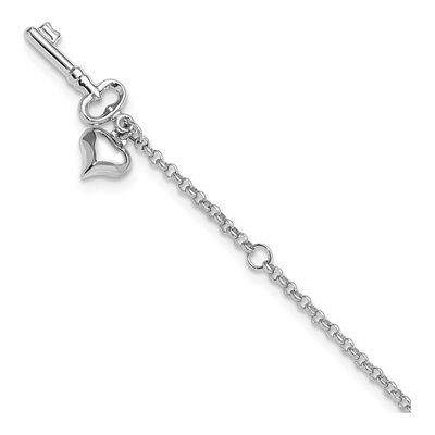 14K White Gold Heart Key Cable Anklet