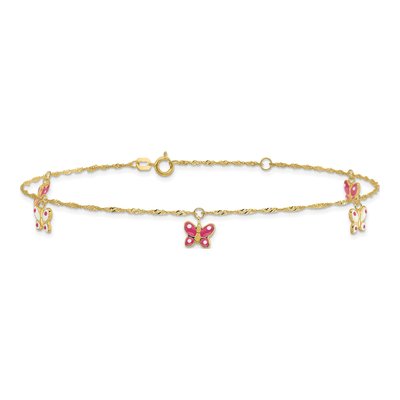 14K Yellow Gold Pink Enamel Butterfly Anklet – view 4