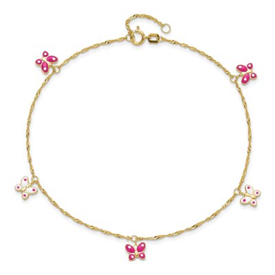 14K Yellow Gold Pink Enamel Butterfly Anklet – view 6