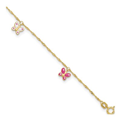 14K Yellow Gold Pink Enamel Butterfly Anklet