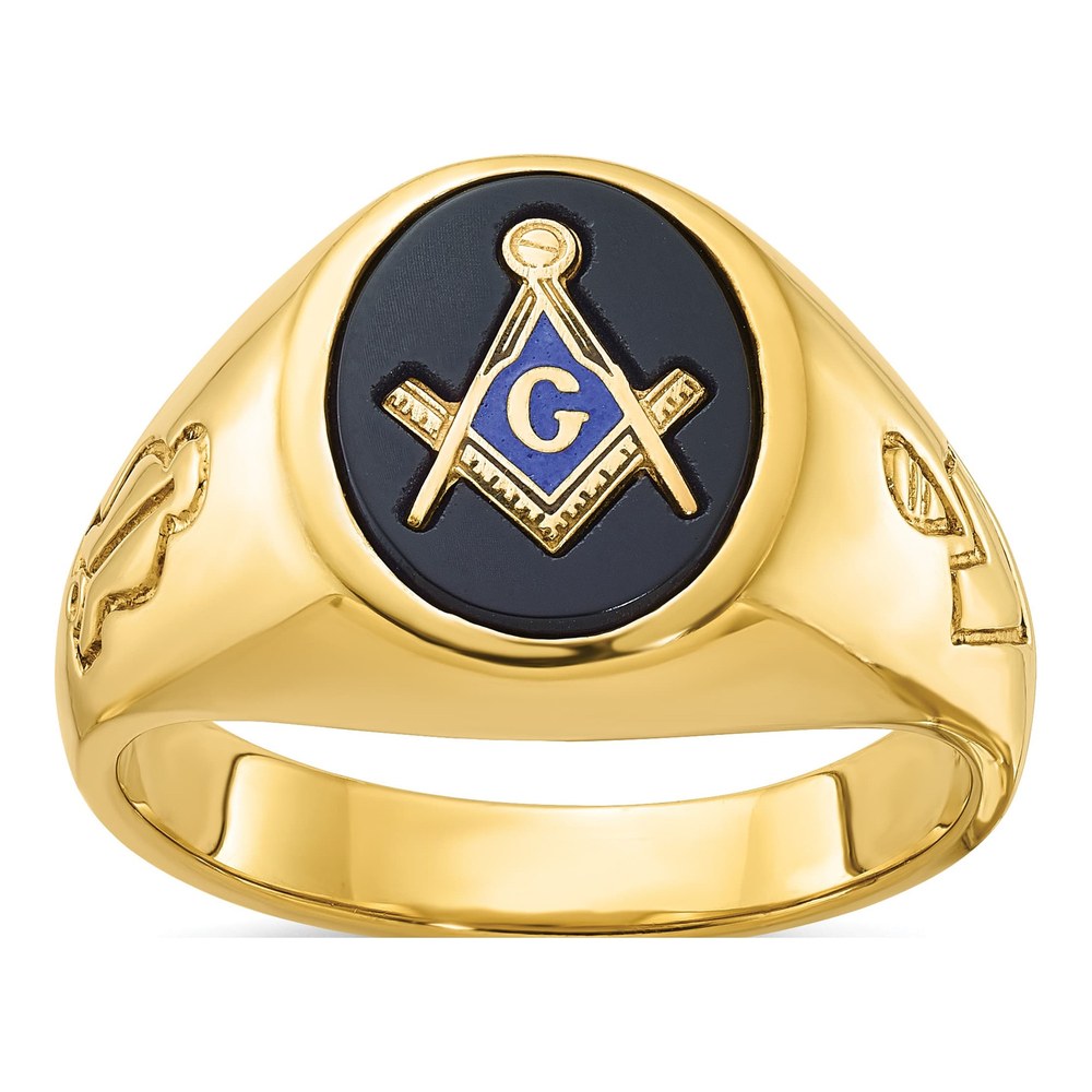 Ibgoodman 14K Men's Polished And Grooved With Oval Onyx Blue Lodge Master Masonic Ring