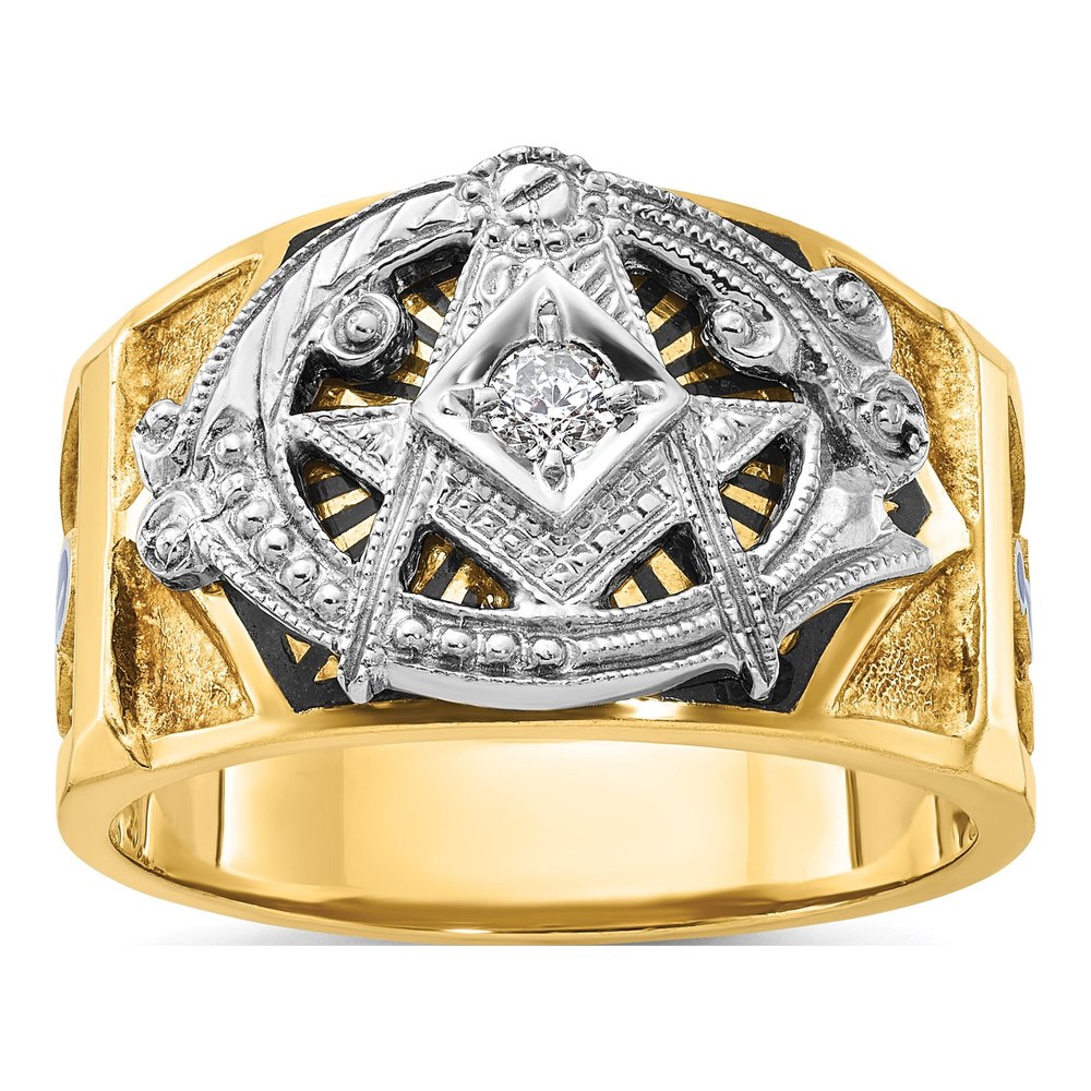 Ibgoodman 14K Two-Tone Men's Polished And Textured With Blue And Black Enamel 0.103ct Diamond Blue Lodge Master Masonic Ring