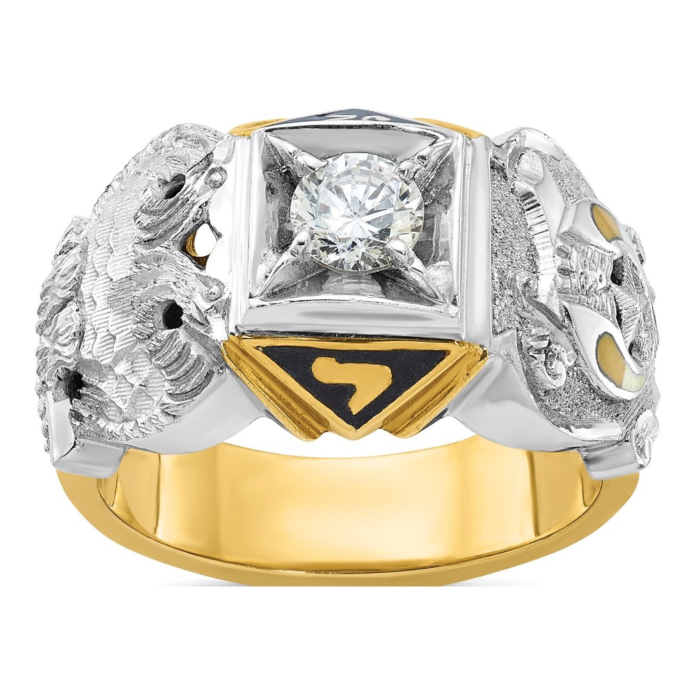 Ibgoodman 14K Two-Tone Men's Polished And Textured With Black Enamel And 0.5ct Diamond Double Eagle Masonic Shriner's Ring
