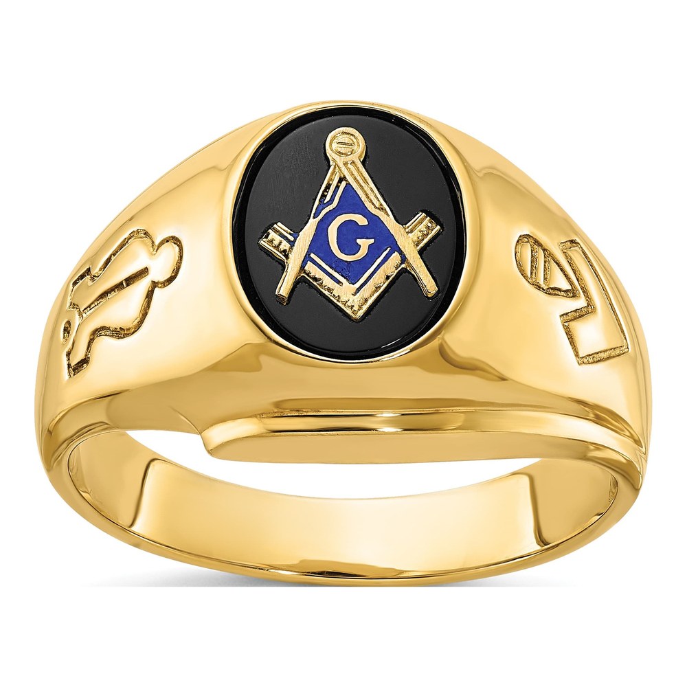 Ibgoodman 14K Men's Polished And Grooved With Oval Onyx Blue Lodge Master Masonic Ring