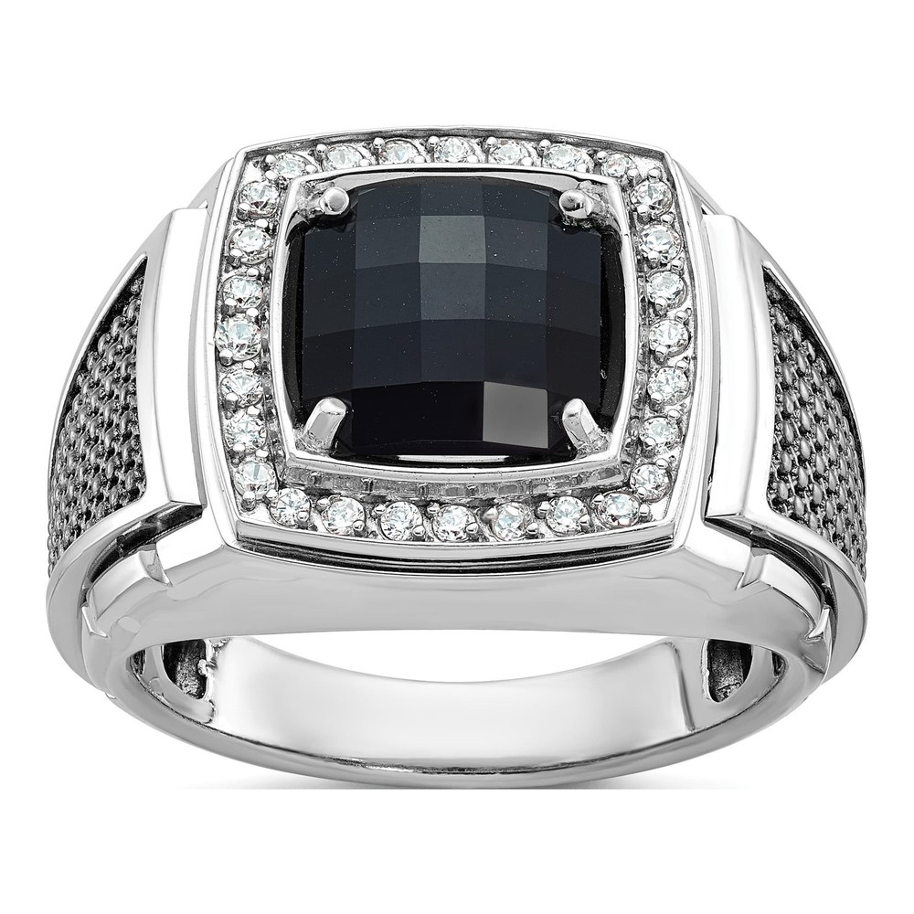 Ib Goodman 10K White Gold Rhodium-Plated And Black Rhodium Mens Cushion Onyx And Diamond Halo Complete Ring