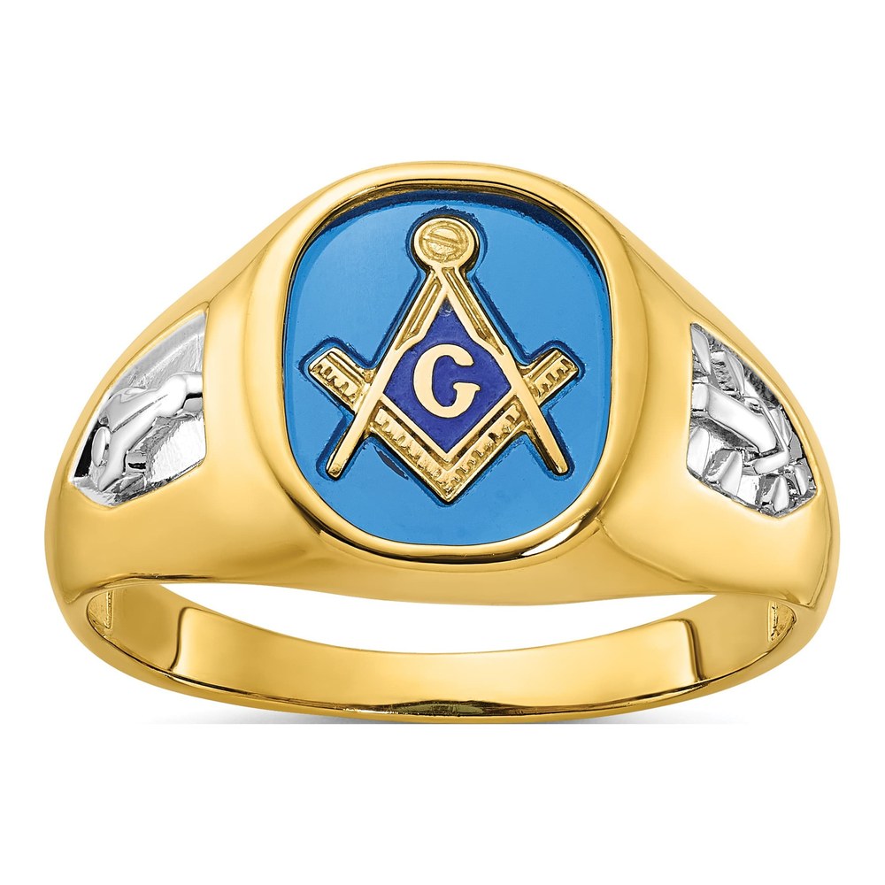 Ibgoodman 10K With White Rhodium Men's Polished And Textured With Lab Created Sapphire Blue Lodge Master Masonic Ring