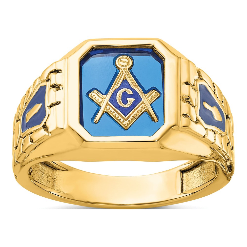 Ibgoodman 10K Men's Polished And Textured With Blue Enamel And Lab Created Sapphire Blue Lodge Master Masonic Ring