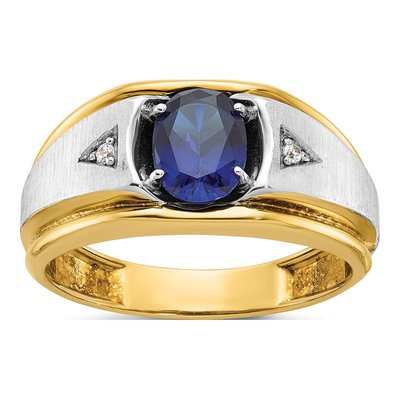 Men's 10K Two-Tone Gold Lab-Created Sapphire & Diamond Grooved Oval Ring
