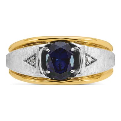 Men's 14K Two-Tone Gold Lab-Created Sapphire & Diamond Grooved Oval Ring – view 7