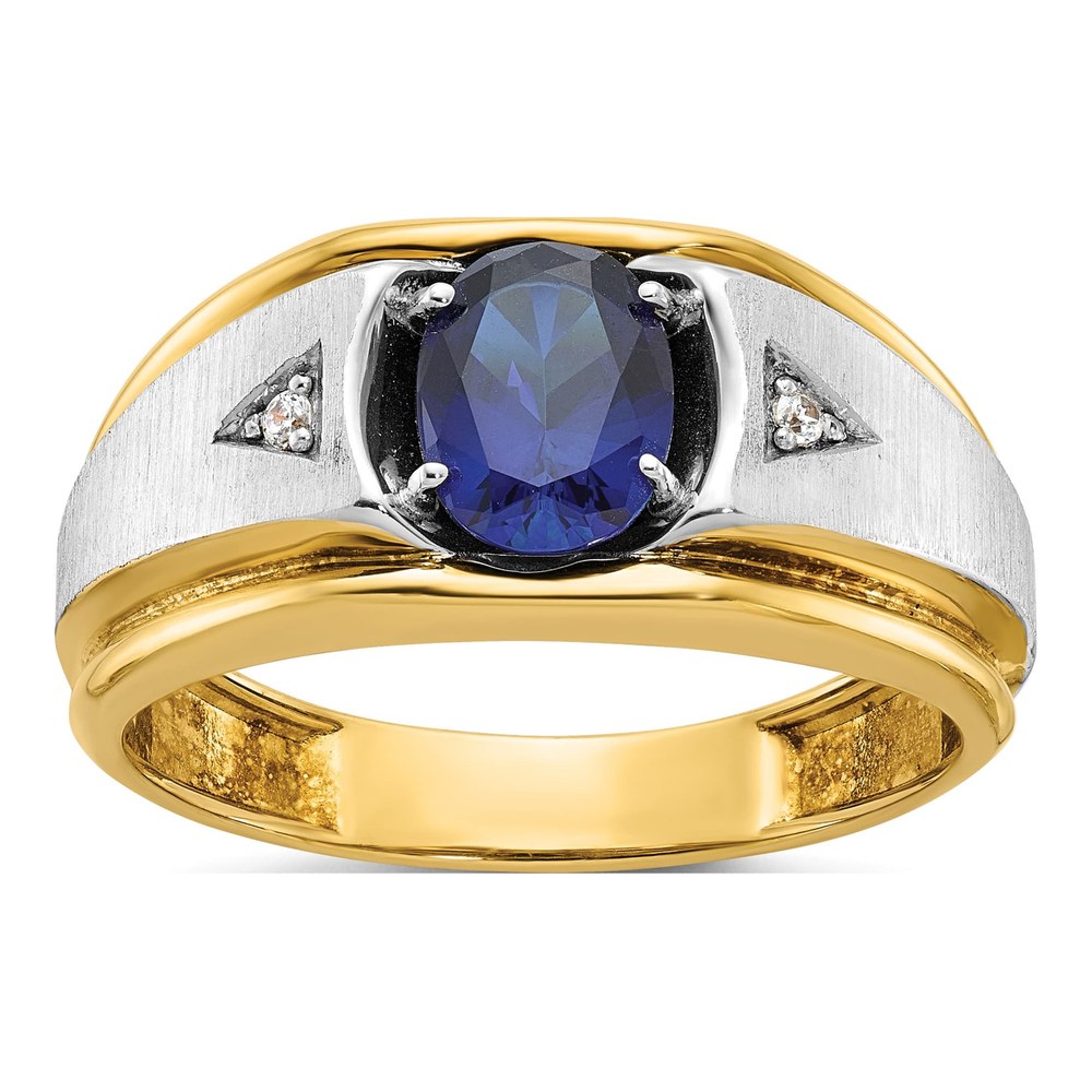 Men's 14K Two-Tone Gold Lab-Created Sapphire & Diamond Grooved Oval Ring