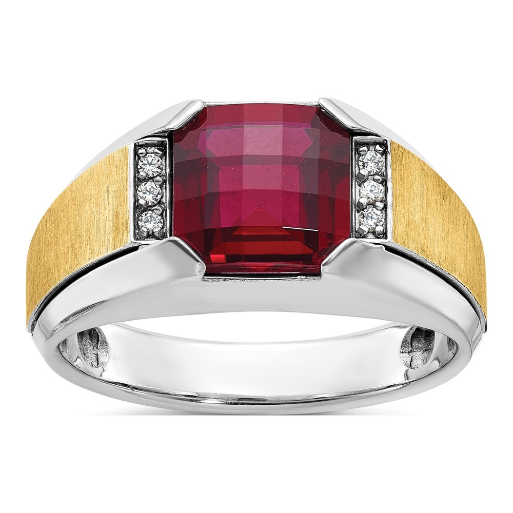 Ibgoodman 14K Two-Tone Men's Polished And Satin Lab Created Garnet And Aa Quality Diamond Ring