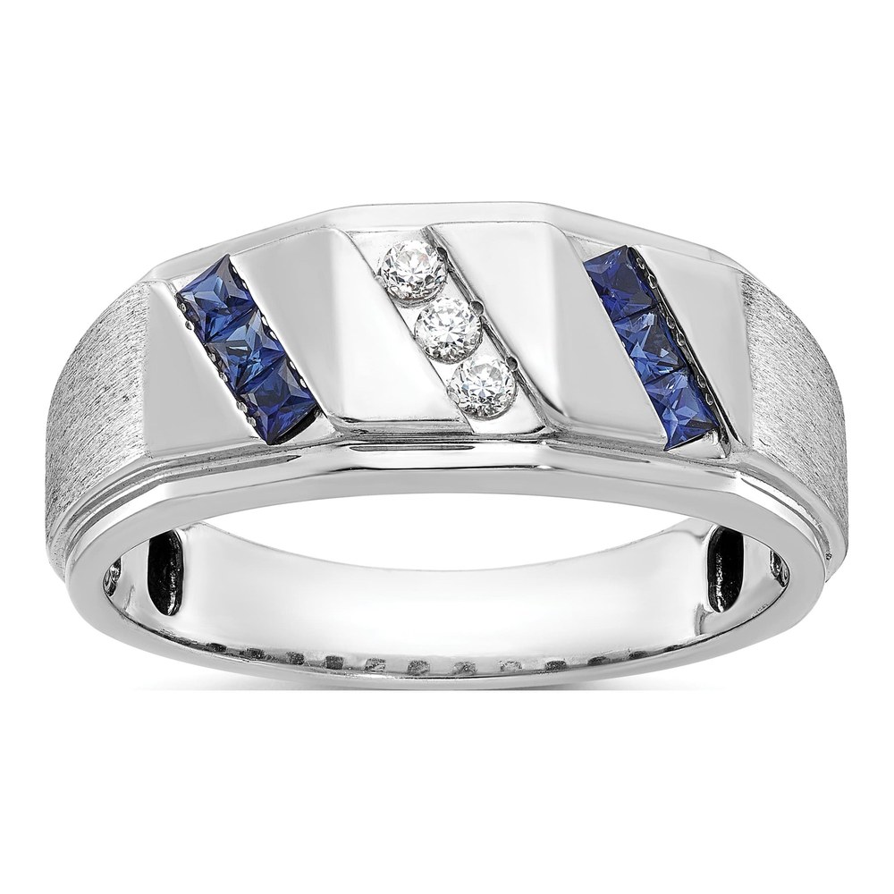 Ib Goodman 14K White Gold Rhodium-Plated Satin Lab Created Sapphire And 1/10 Carat Diamond Complete Mens Ring