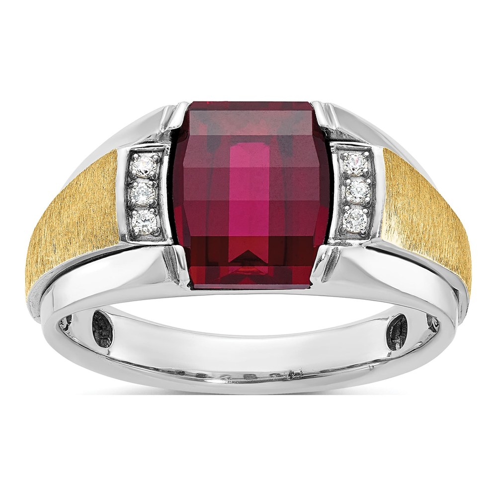 Ib Goodman 14K Two-Tone Mens Satin Barrel Lab Created Ruby And 1/20 Carat Diamond Complete Ring