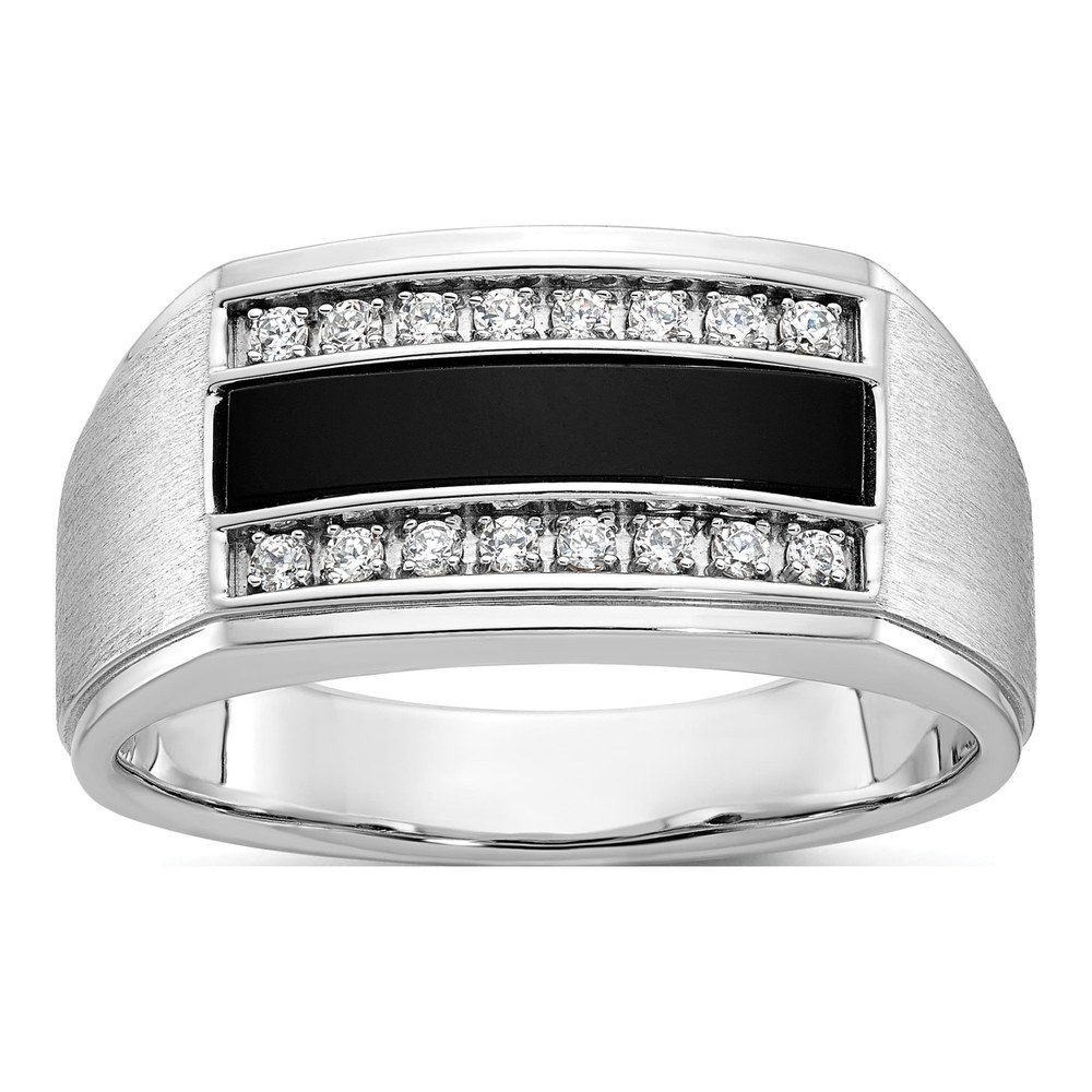 Ibgoodman 14K White Gold Rhodium-Plated Men's Polished And Satin Onyx And 1/6 Carat Aa Quality Diamond Ring