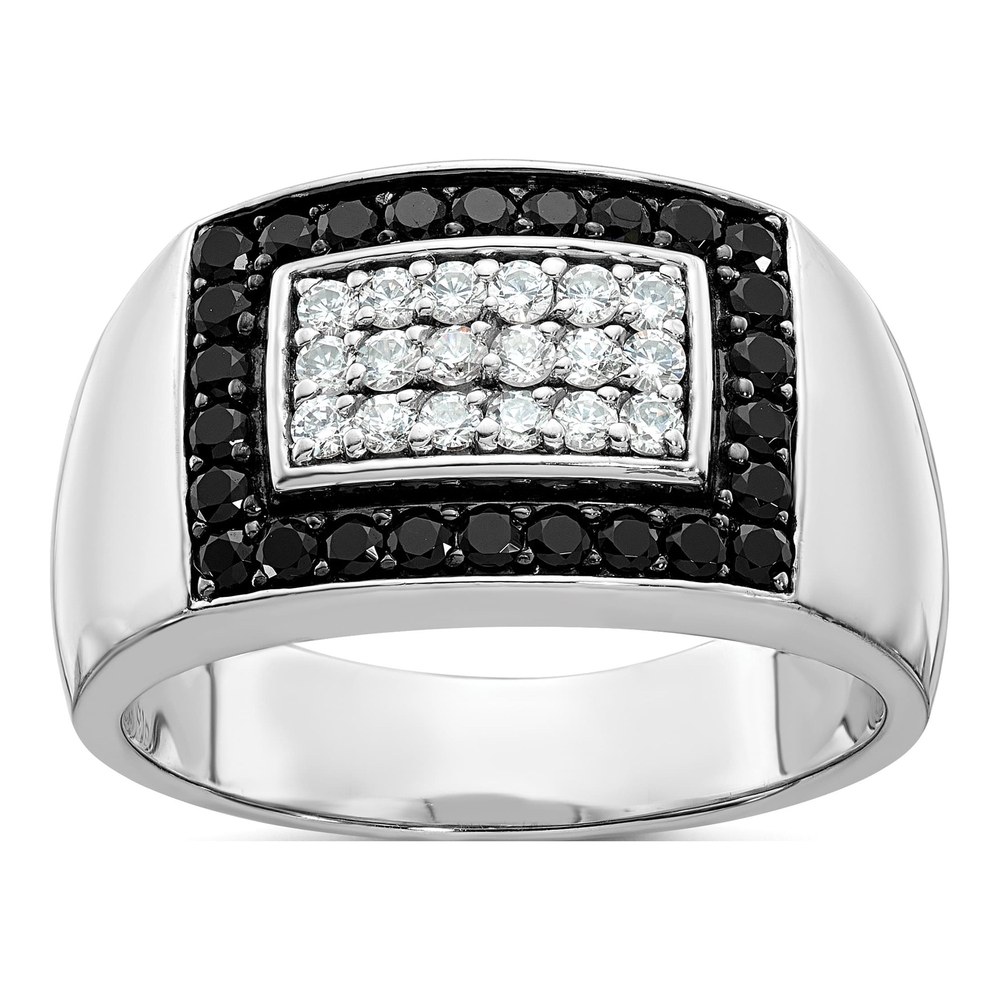 Ibgoodman 14K White Gold Rhodium-Plated Men's Polished 1 Carat Black And White Diamond Rectangular Cluster Ring