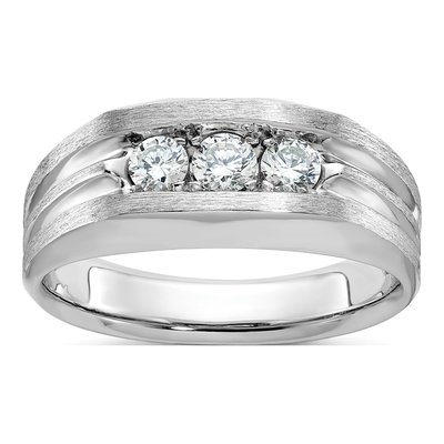 Men's 14K White Gold Grooved 3-Stone Ring Mounting