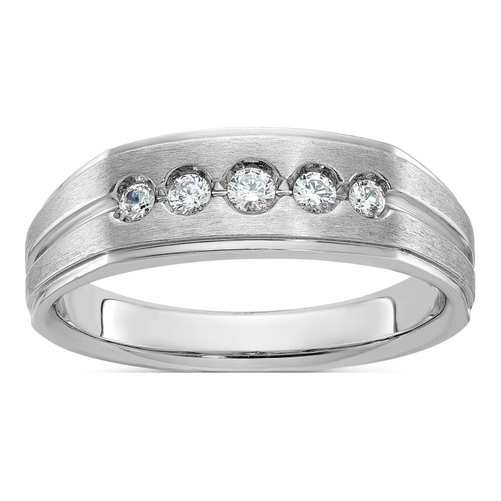 Ibgoodman 14K White Gold Rhodium-Plated Men's Polished Satin And Grooved 1/4 Carat Aa Quality Diamond 5-Stone Ring