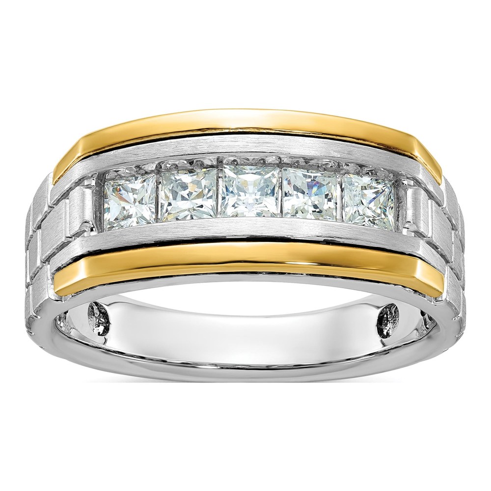 Ibgoodman 14K Two-Tone Men's Polished Satin And Grooved 5-Stone 1 Carat Square Aa Quality Diamond Ring