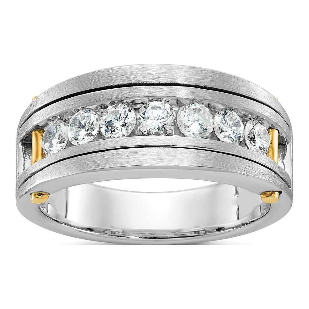 Ibgoodman 14K Two-Tone Men's Polished Satin And Grooved 7-Stone 1 Carat Aa Quality Diamond Ring