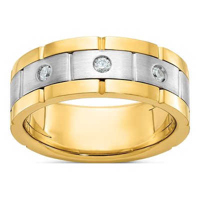 Men's 14K Yellow Gold 1/6 ct tw Diamond Grooved 3-Stone Bb Ring
