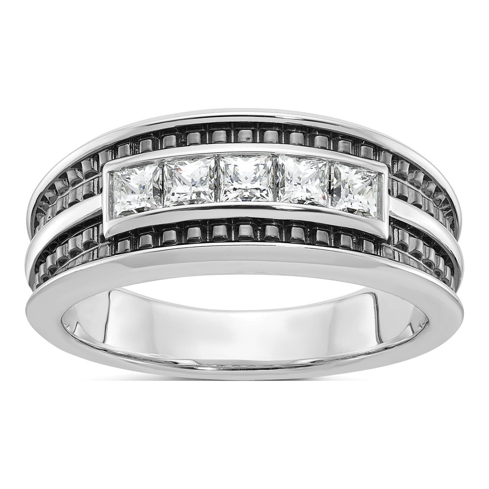 Ibgoodman 14K White Gold Rhodium-Plated With Black Rhodium Men's Polished And Textured Square 5-Stone 3/4 Carat Aa Quality Diamond Ring