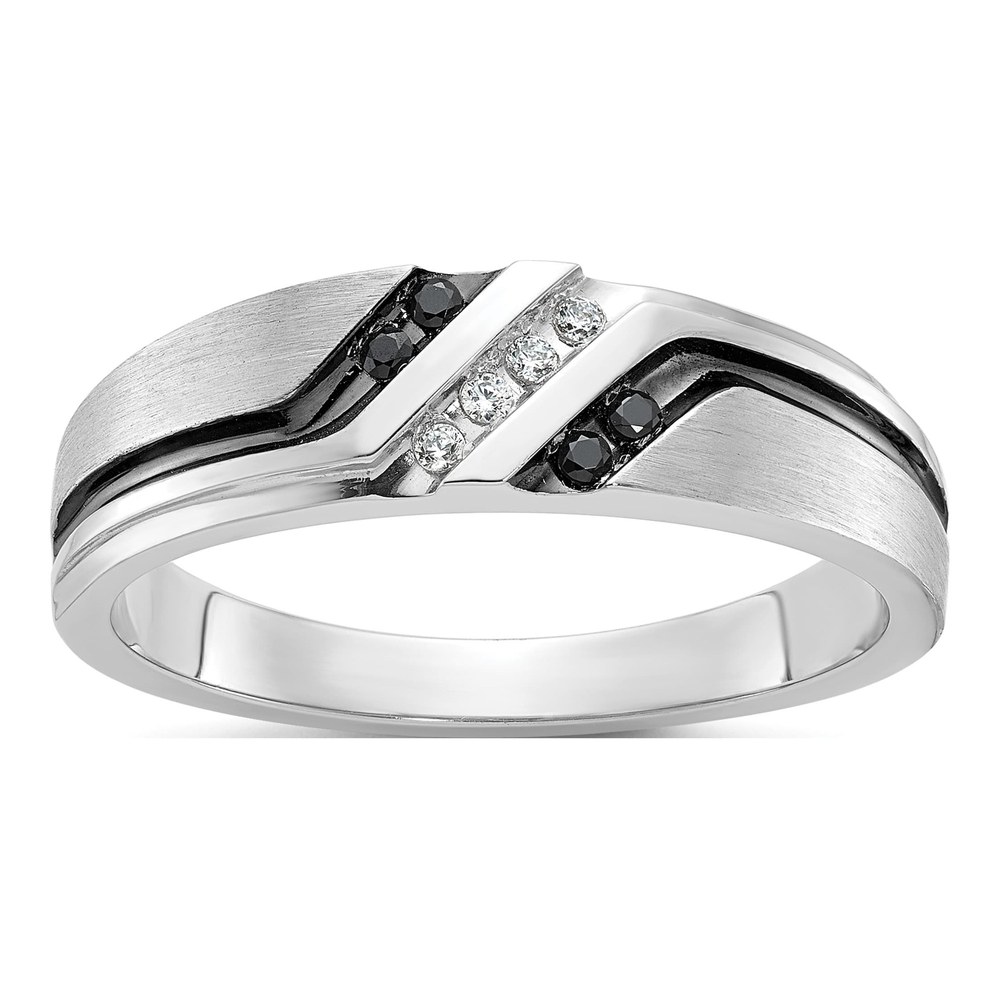 Ibgoodman 14K White Gold Rhodium-Plated With Black Rhodium Men's Polished Satin And Grooved 1/8 Carat Aa Quality Black And White Diamond Ring