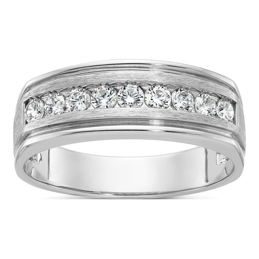 Ibgoodman 14K White Gold Rhodium-Plated Men's Polished Brushed And Grooved 9-Stone 1/2 Carat Aa Quality Diamond Ring