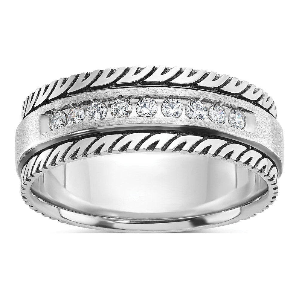 Ibgoodman 14K White Gold Rhodium-Plated With Black Rhodium Men's Polished Satin And Grooved 1/5 Carat Aa Quality Diamond Ring