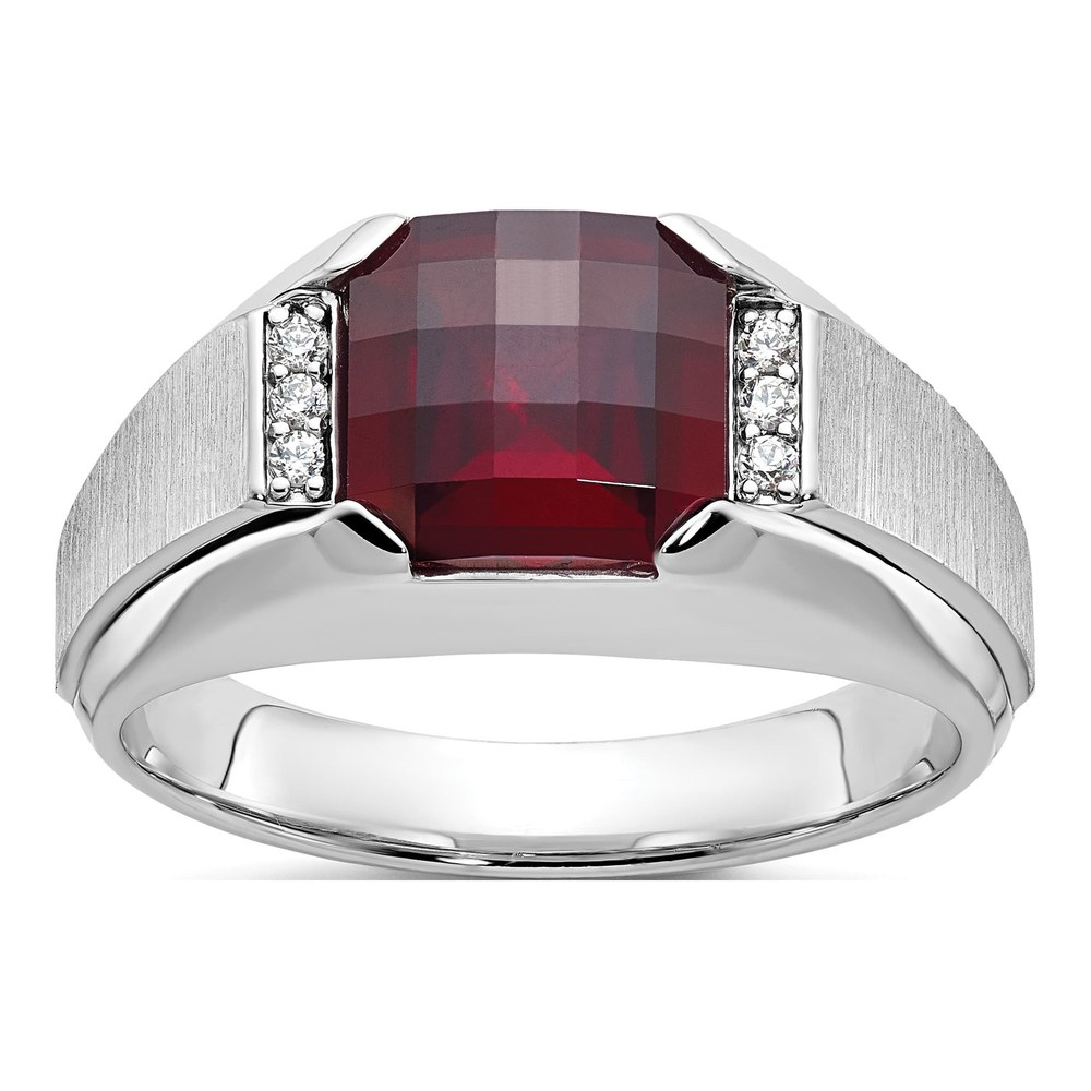 Ib Goodman 14K White Gold Rhodium-Plated Mens Cushion Lab Created Garnet And 1/20 Carat Diamond Complete Ring