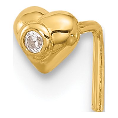 14K Yellow Gold CZ Heart Nose Stud, 22 Gauge