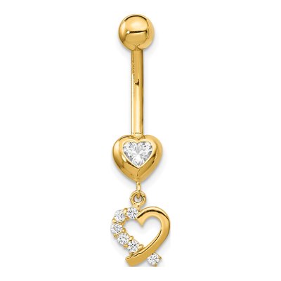 14K Gold CZ Double Heart Dangle Belly Ring – view 3