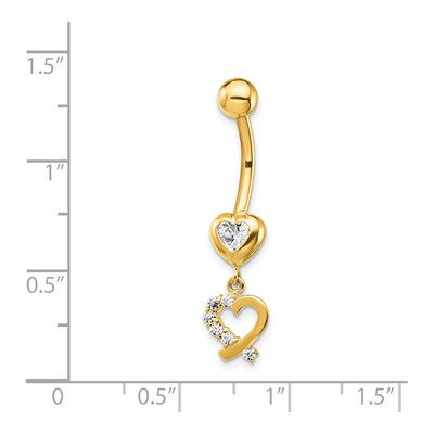 14K Gold CZ Double Heart Dangle Belly Ring – view 4