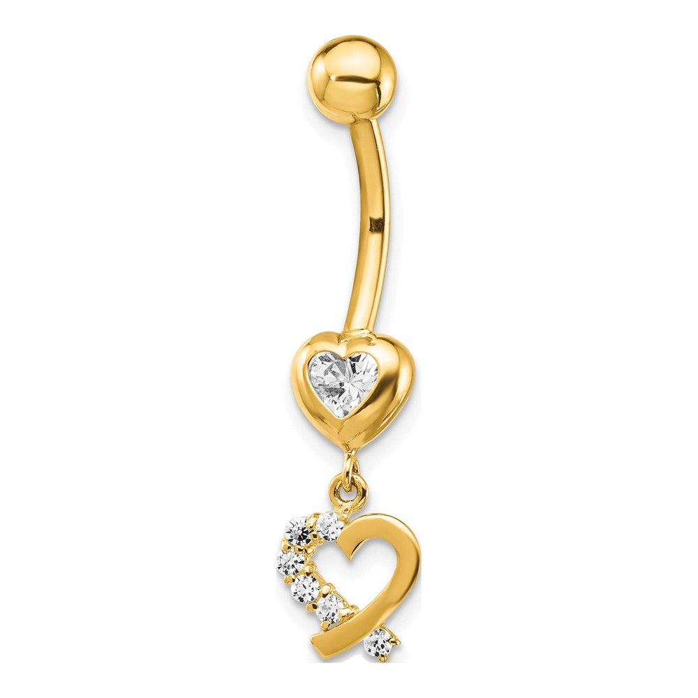 14K Gold CZ Double Heart Dangle Belly Ring