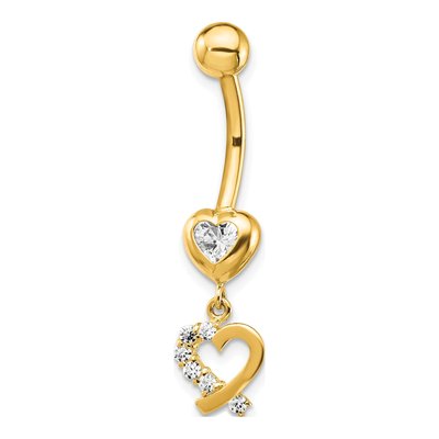 14K Gold CZ Double Heart Dangle Belly Ring