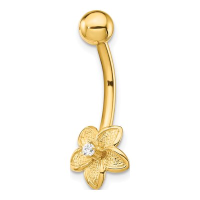 14K Yellow Gold CZ Flower Belly Ring, 14 Gauge