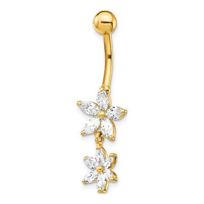 14K Yellow Gold CZ Flower Dangle Belly Ring