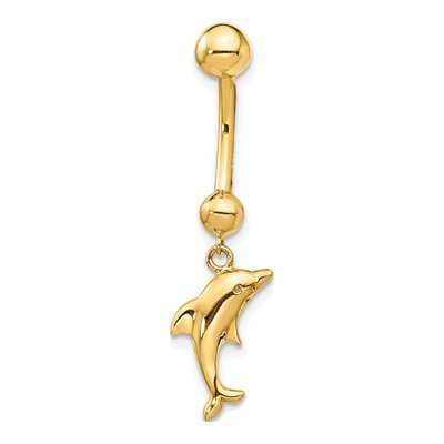14K Yellow Gold Dolphin Dangle Belly Ring – view 3