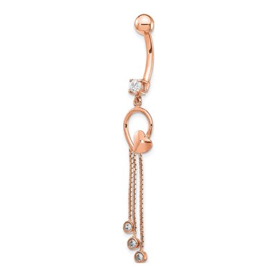 14K Rose Gold CZ Heart Belly Ring, 14 Gauge