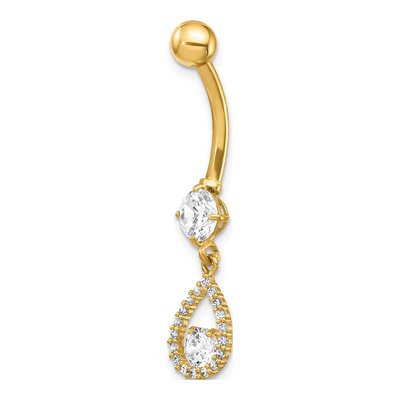 14K Yellow Gold CZ Teardrop Belly Ring, 14 Gauge