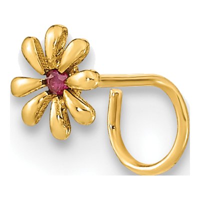 14K Gold Flower Nose Ring with Red CZ