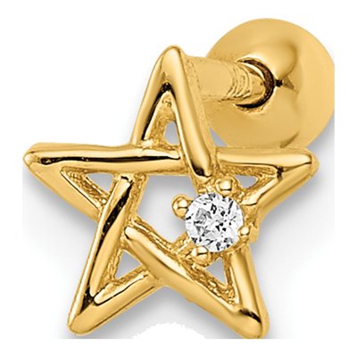 14K Yellow Gold CZ Star Labret Stud, 18 Gauge