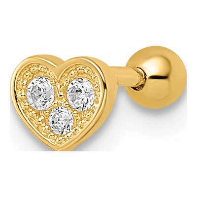 14K Yellow Gold CZ Heart Labret Stud, 18G
