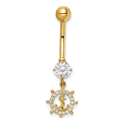 14K Yellow Gold CZ Anchor Ships Wheel Belly Ring – view 5