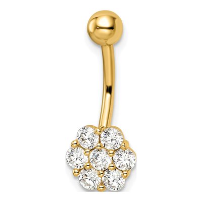 14K Yellow Gold CZ Flower Belly Ring, 14 Ga