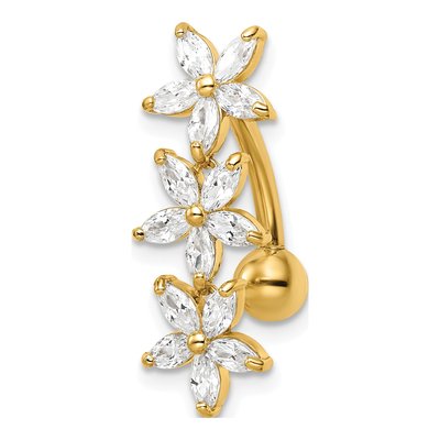 14K Yellow Gold CZ 3-Flower Dangle Belly Ring